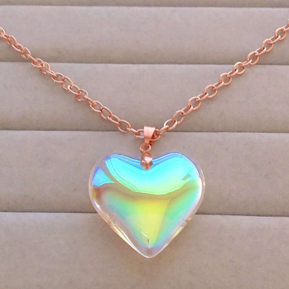 Aurora Borealis Glass Crystal Heart+Rose Gold Chunky Statement Pendant Necklace